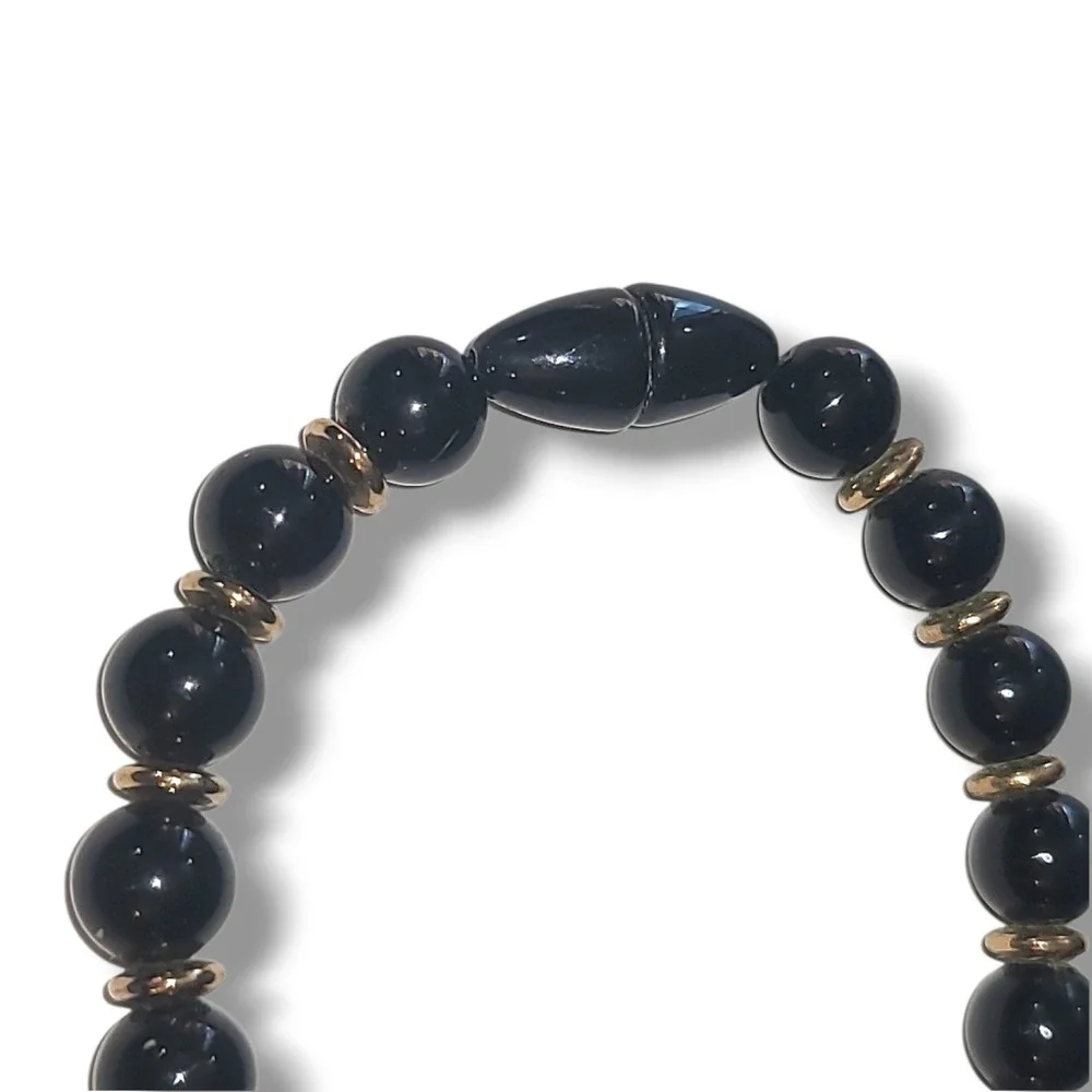 Vintage Black Bead Necklace Gold Spacers Long 28in Plastic Screw Clasp‎